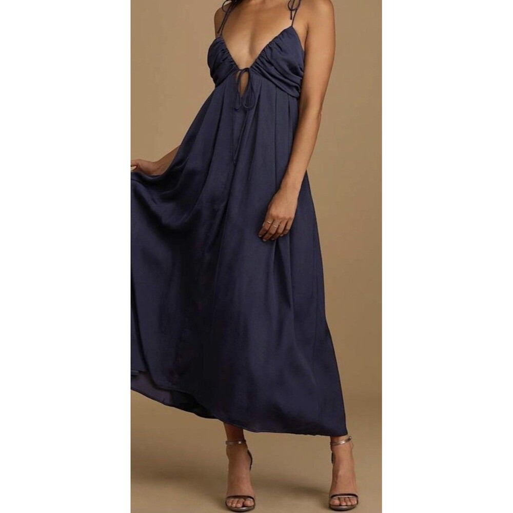 Lulus Confidence Check Navy Blue Satin Tie-Back Maxi Dress Sz XL EUC
